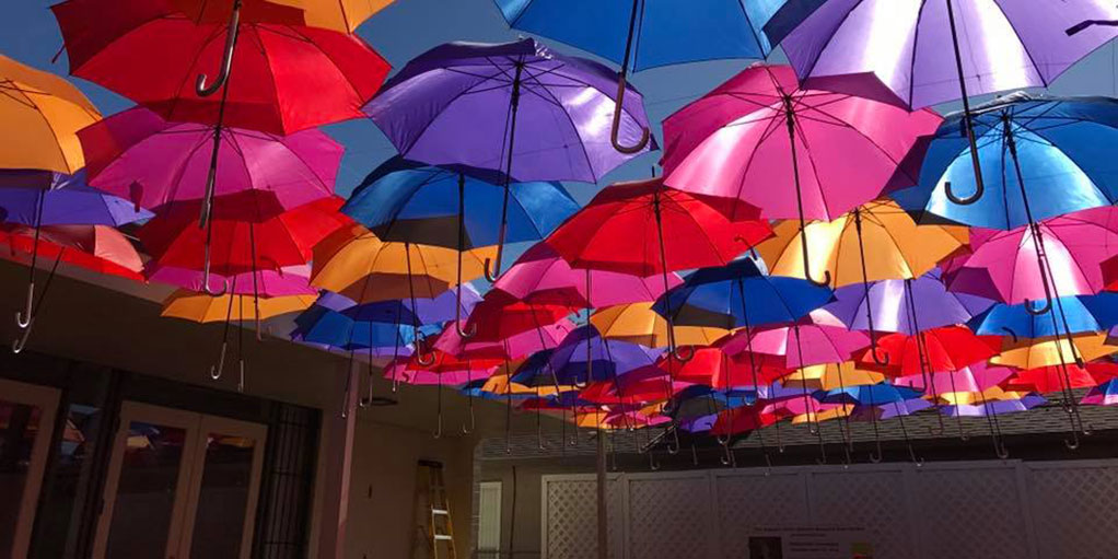 photo of umbrella sky installation at Yuba Sutter Arts